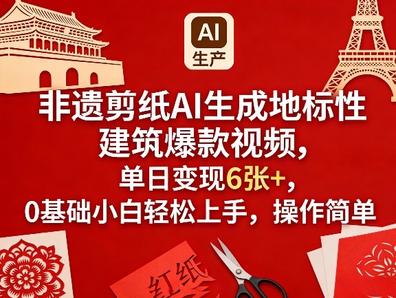非遗剪纸AI生成地标性建筑爆款视频，单日变现6张+，0基础小白轻松上手，操作简单-赚赚小目标云网创