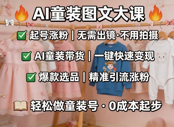 AI童装图文剪辑，某社群童装图文大课，起号涨粉、AI童装带货、爆款选品，无需出镜和拍摄-赚赚小目标云网创