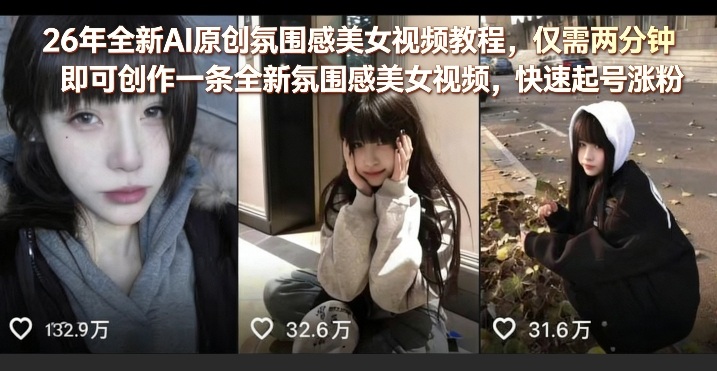 26年全新AI原创氛围感美女视频教程，仅需两分钟即可创作一条全新氛围感美女视频，快速起号涨粉-赚赚小目标云网创
