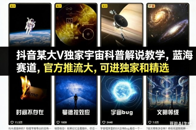 抖音某大V独家宇宙科普解说教学，蓝海赛道，官方推流大，可进独家和精选-赚赚小目标云网创