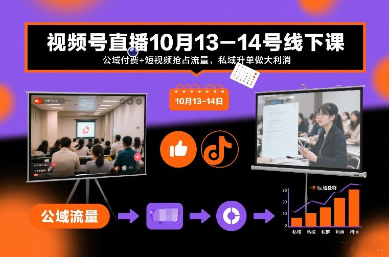 视频号直播10月13-14号线下课，公域付费+短视频抢占流量，私域升单做大利消-赚赚目标云网创
