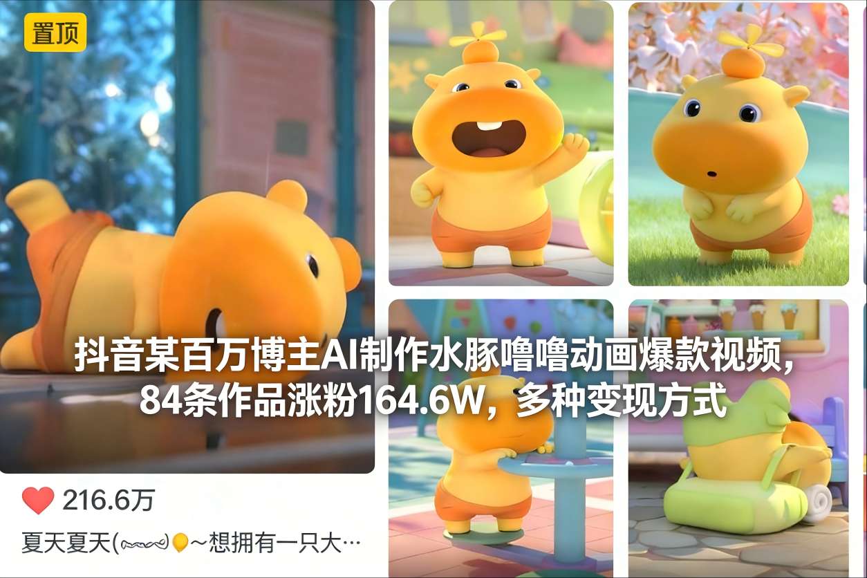 抖音某百万博主AI制作水豚噜噜动画爆款视频，84条作品涨粉164.6W，多种变现方式-赚赚目标云网创